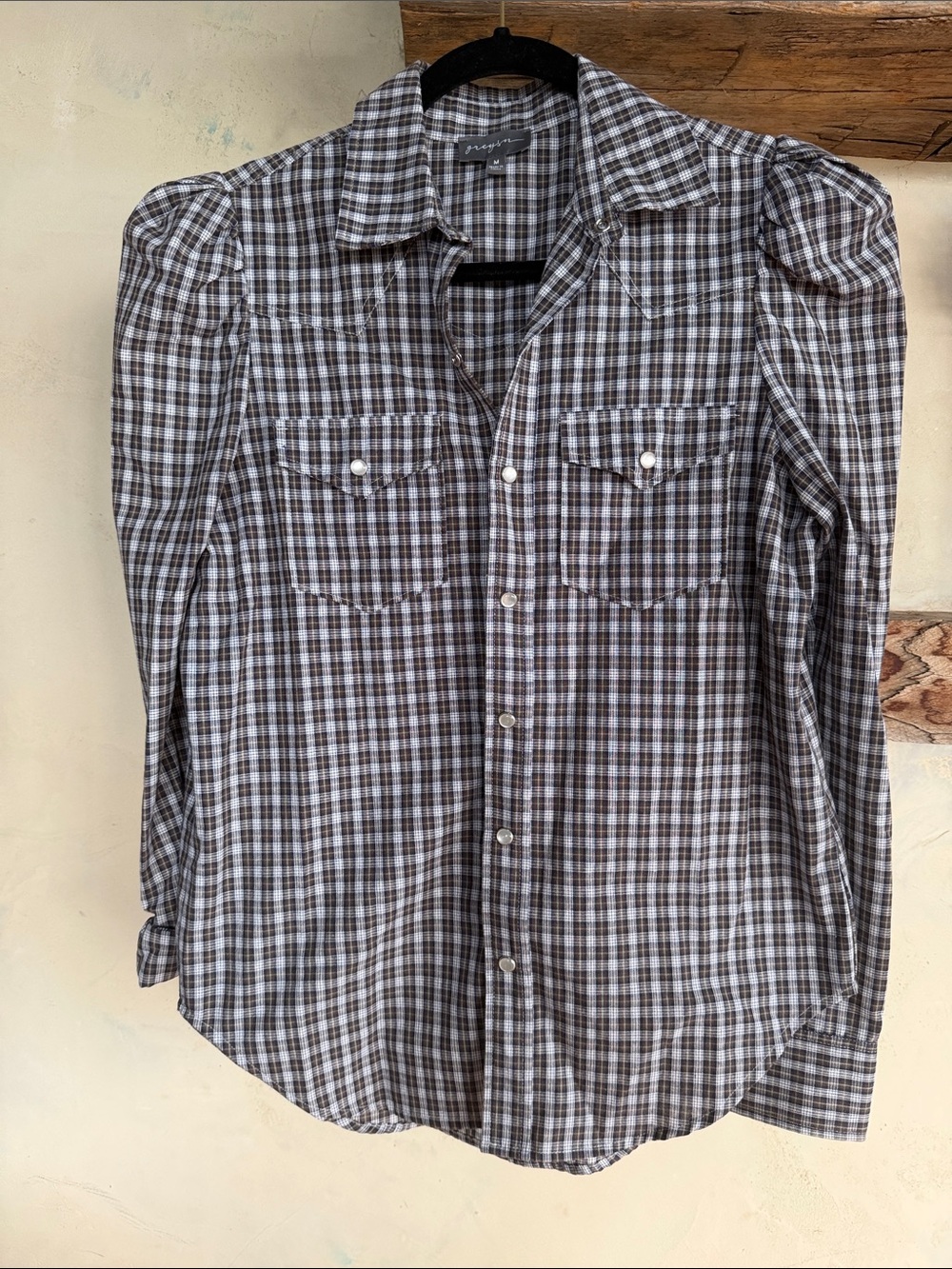 Greyson Western Plaid Pearl Snap Puff Sleeve long sleeve